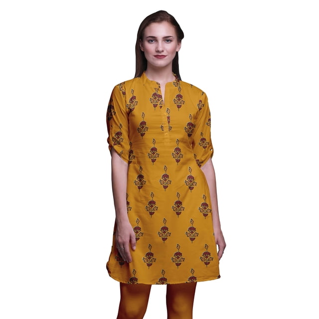 Bimba Kurti à Manches Retroussables pour Femmes, Col Mandarin Imprimé, Hauts de Kurti Courts