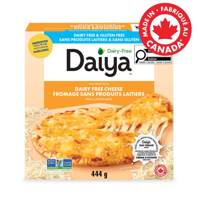 Daiya Dairy Free Gluten Free Cheese Pizza, Vegan (Frozen) with a 444 g thin crust featuring melty dairy free cheese made from oat cream blend, a crispy gluten free crust, and plant-based toppings, displayed on a box with non-GMO and Made in Canada labels.