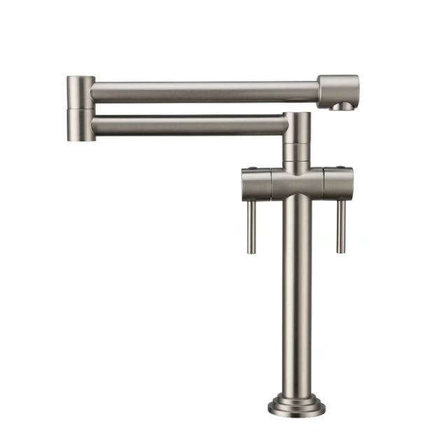 Solid Brass Hot & Cold Pot Filler Tap Deck Mounted Kitchen Faucet in brushed golden finish, featuring dual handles and a polished surface. Designed with a single-hole installation and 360° rotatable dual-jointed swing spout for convenience. Ideal for filling pots directly on stovetops, suitable for home brewing or bar settings. Made from durable brass with a ceramic valve core for leak-free performance.