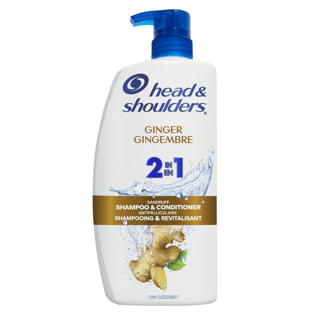Head & Shoulders Ginger 2-in-1 Anti-Dandruff Shampoo + Conditioner bottle with white body and blue pump dispenser, featuring ginger root and water splash graphics, formulated for dandruff control, scalp care, and itch relief.