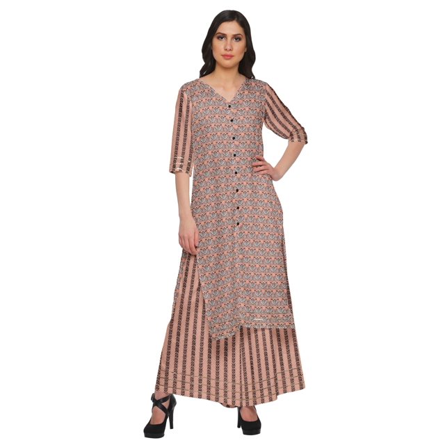 Moomaya Kurta Imprimée Col en V et Pantalon Palazzo Ensemble Robe Ethnique pour Femmes