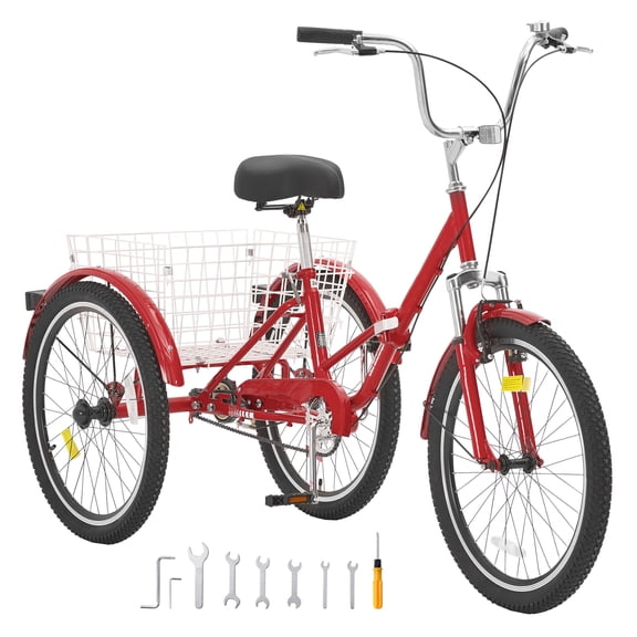 KFFKFF Adult Foldable Tricycle, 24" Carbon Steel Three-Wheeled Cruiser with Spacious Basket & Adjustable Saddle, Ideal for Shopping & Picnics, Suitable for Adults & Elderly (Red)