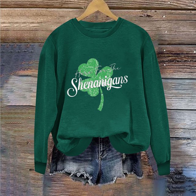 Levmjia T-Shirts pour Femmes de la Saint-Patrick Hauts Vert Trèfle Col Rond Imprimé Haut à Manches Longues Chandails