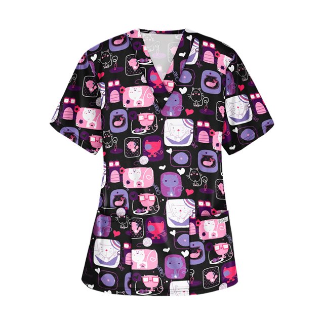EGNMCR Haut de Sarrau d'Infirmière pour Femme à Manches Courtes, Col en V et Imprimé de Chats Multicolores Vibrants. Fabriqué en polyester Léger, Ce blouse d'Uniforme Imprimée Décontractée Présente Deux Poches avant, Idéale pour le Travail, le Port Quotidien Ou comme Cadeau Attentionné.