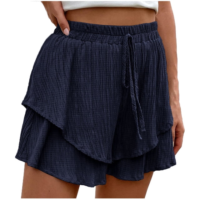 Yuyuzo Shorts for Women Drawstring High Waisted Double Layered Ruffle Shorts Wide Leg Casual Summer Beach Shorts