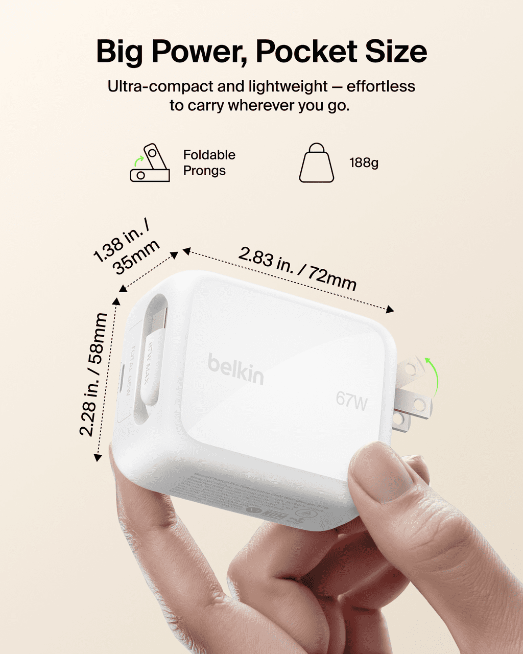 Belkin Chargeur mural 67 W à double ports USB-C avec câble USB-C rétractable (75 cm / 29,5 po), blanc