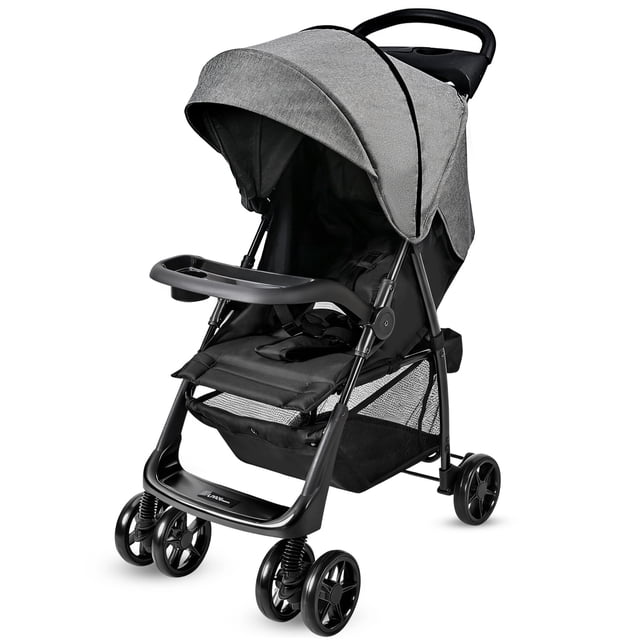 Lightweight Portable Baby Stroller by LIVINGbasics, designed for travel with a compact fold mechanism, adjustable backrest, large canopy, and 360° swivel wheels. The black stroller features a reclining seat, 5-point harness, and rear brakes for infant safety. Includes a spacious under-seat storage basket, parent cup holder, and foot pedal. Suitable for infants up to 33 lbs.