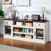 FIAKOA 70 inch Farmhouse TV Stand Table for 75 80 inch TV, Modern Entertainment Center with LED Lights and Glass Doors, Wooden White TV Stands for Living Room