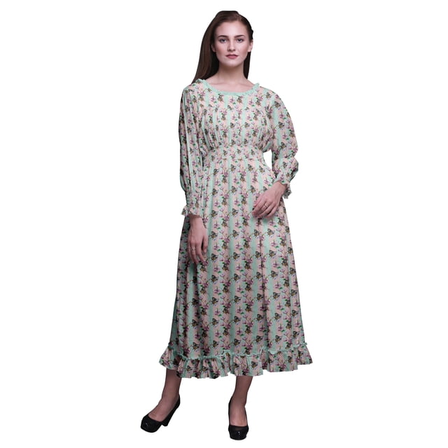 Bimba Robe Maxi à Volants pour Femmes, Manches Bishop, Col Rond, Taille Smockée - Grande