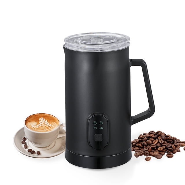 Electric Milk Frother 4-in-1 400W 580ml/19.61oz Hot and Cold Milk in a sleek black design with a transparent lid and ergonomic handle. The frother features a one-touch control panel on the front and is shown alongside a cup of latte art and coffee beans, emphasizing its use for creating hot or cold frothed milk, heating milk, or preparing chocolate milk. Made of 304 stainless steel and PP materials, it offers a maximum foaming capacity of 160ml and heating capacity of 350ml.