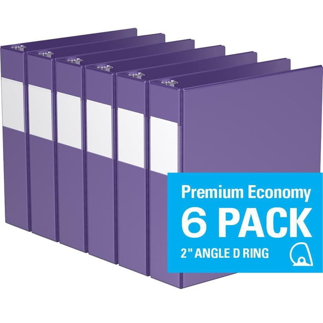 Davis Group, Premium Economy, D Ring, Binder, 6 Pack, 2" showing six purple binders with white full-width label holders on the spine, 2-inch angle D rings, and clear interior pockets for document storage, suitable for conferences, colleges, and office use.