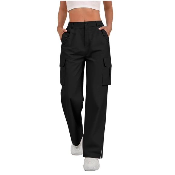Lenpel Cargo Pants for Women Baggy Elastic High Waisted Side Split Straight Leg Travel Pants Streetwear Casual Trousers(Black,XX-Large)