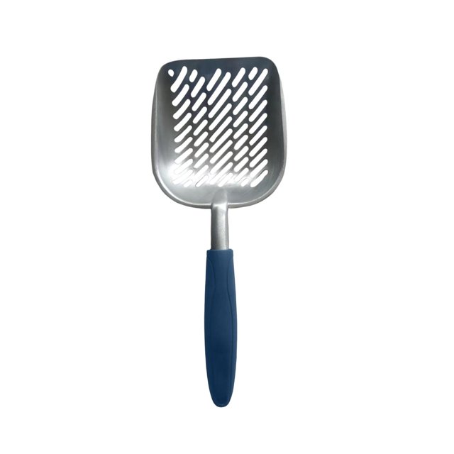 yulier Cat Litter Scoop made of durable aluminum alloy with a deep shovel design and long handle. Features a non-stick, heavy-duty metal sifter with fine holes for efficient cat litter sifting. The scoop has a stainless steel finish and a blue ergonomic handle for comfortable grip, ideal for cleaning cat litter boxes.