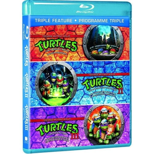 Teenage Mutant Ninja Turtles: The Original Movie / Teenage Mutant Ninja Turtles II: The Secret Of The Ooze / Teenage Mutant Ninja Turtles III: Turtles In Time Blu-ray triple feature case showing three cover panels with the turtles in action through circular portholes on textured red, blue, and purple backgrounds, suitable for fans of classic action movies.