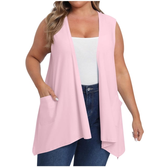 Plus Size Women Sleeveless Cardigan Open Front Lightweight Coat Draped Solid Color Long Vests with Pockets Short Cardigan 5XL
