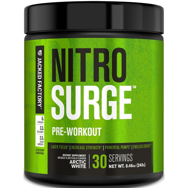 NITROSURGE Pre Workout Supplement - Endless Energy, Instant Strength Gains, Clear Focus, Intense Pumps - Nitric Oxide Booster & Preworkout Powder with Beta Alanine - 30 Servings, Arctic White. Centered, front-facing Jacked Factory tub in Arctic White with product name and serving size visible; white scoop with powder on neutral studio surface. Often used as a convenient mixer with protein or BCAA shakes.