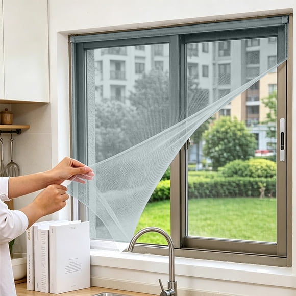 Ovzne Self Adhesive Window Screen, No Drill Mosquito Net Mesh, Adjustable Replacement Insect Screen for Home Windows Kitchen Bedroom Gray