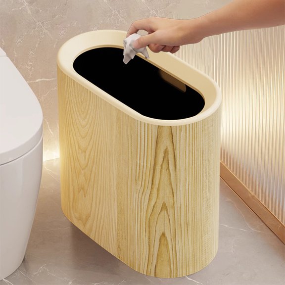 Space Saving Press Top Flip Lid Trash Can, Narrow 29L Plastic Garbage Bin for Kitchen, Bathroom & Office, Secure Trash Bag Hold, Brown/Beige Modern Waste Basket with Press Top Lid