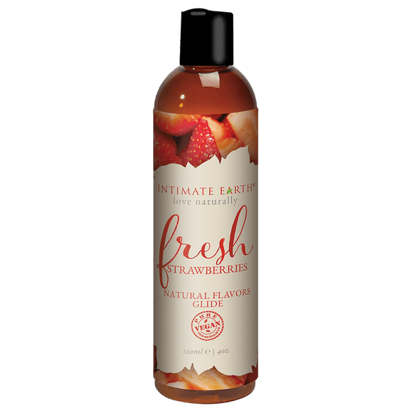 Intimate Earth Saveurs Naturelles Glide, Lubrifiant Personnel Aromatisé à Base d'Eau, Fraises Fraîches, 4 oz