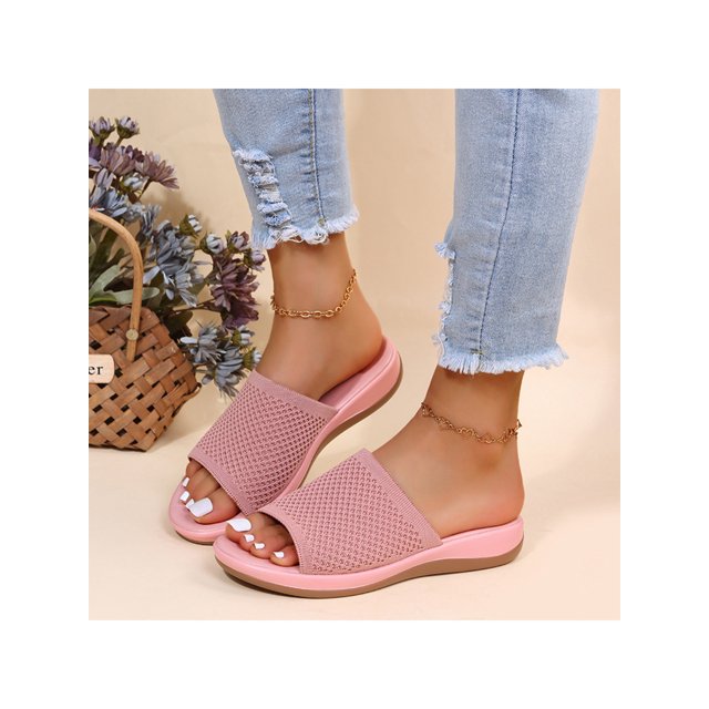 Woobling Women's Slippers Backless Flats Open Toe Shoes Soft Slides Summer Slipper Pink 6