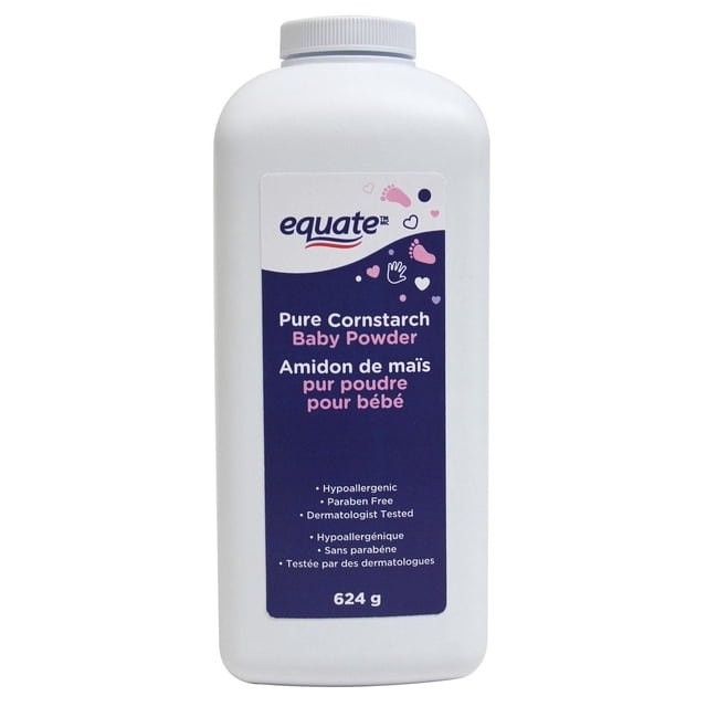 Equate Pure Cornstarch Baby Powder in a white plastic bottle with ribbed screw cap, featuring a navy blue label with pink and white text and baby footprints and hand icons, hypoallergenic, paraben free, dermatologist tested, 624 g, formulated for baby skin care to absorb moisture and keep skin dry and comfortable.