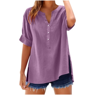 LMKIHUSA Women's Cotton T Shirts Loose Fit Button Up Tops Short Sleeve V Neck Shirts Solid Color Work Pullover Tunic Casual Summer 2025 Purple,S