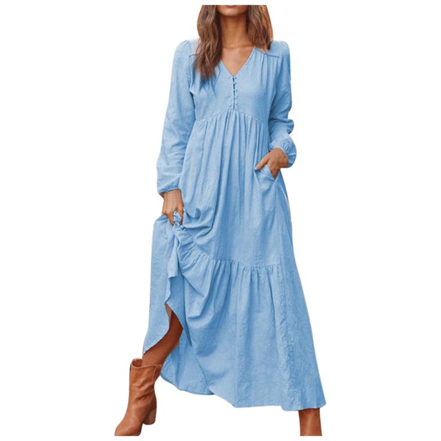 Wyzesi Robes pour Femmes Décontractées Longues Robe Maxi Vintage en Coton et Lin pour Femmes à Manches Longues avec Jupe Évasée Options de Couleur Pyjama de Noël Costume