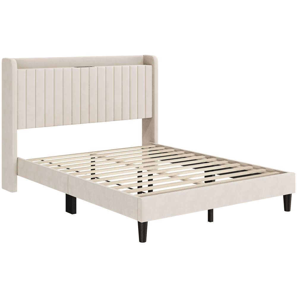 FullFurnique Cadre de Lit Capitonné en Velours avec Prises de Courant et Ports USB, Double, Beige