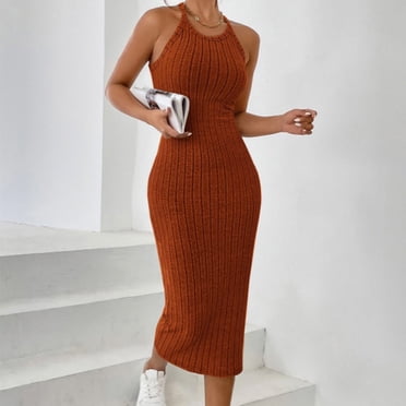 TaTaai Robe Midi Côtelée à Col Licou pour Femme Sans Manches à Col Rond Ajustée Moulante Unie Longueur Genou pour l'Été Plage Fête Tenue Décontractée Quotidienne Douce Extensible Cadeau