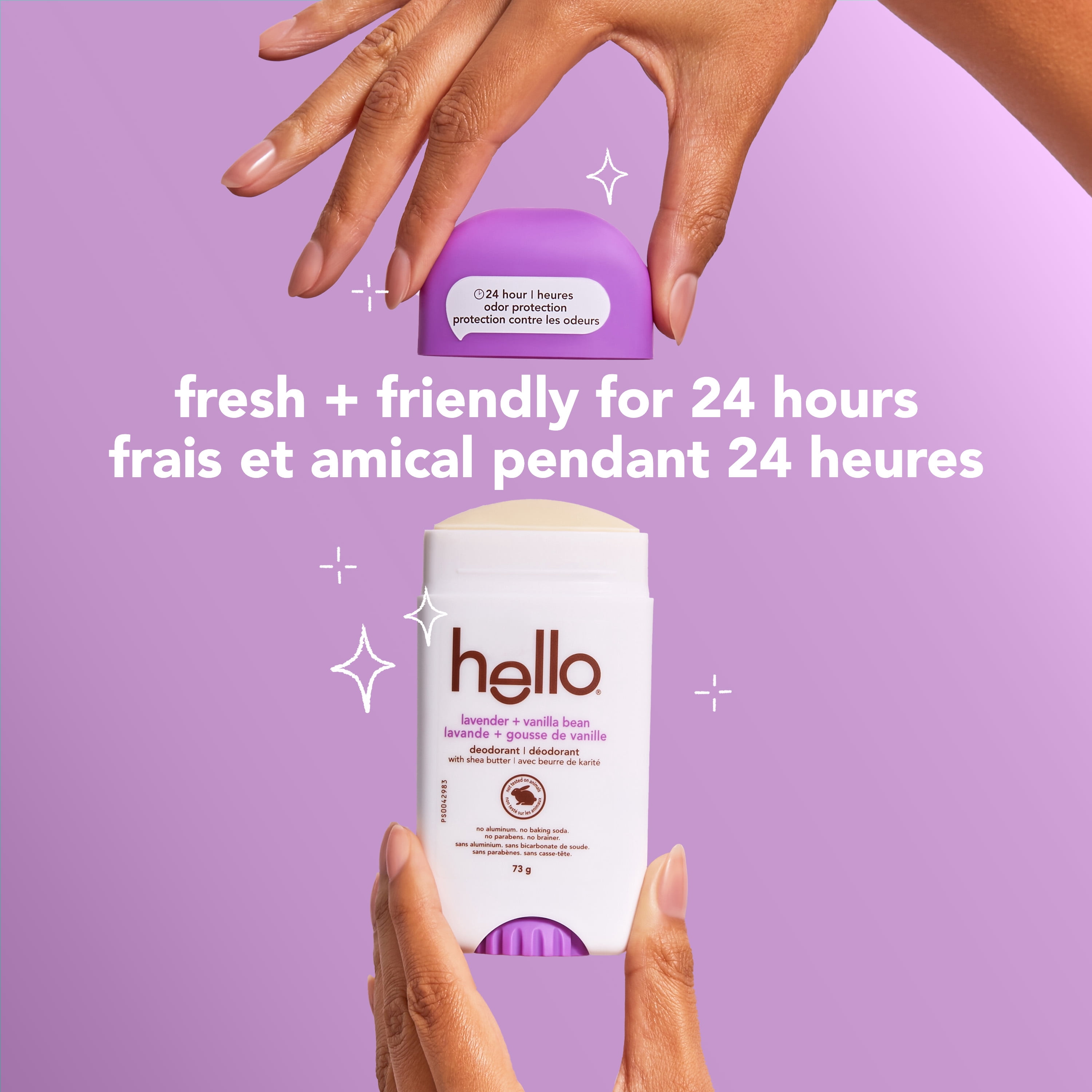 Déodorant Hello sans aluminium homme/femme, lavande et vanille, stick 73 g
