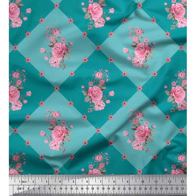 Soimoi polyester Crepe Fabric Leaves, & Rose Floral Print Sewing Fabric Yard 42 Inch Wide