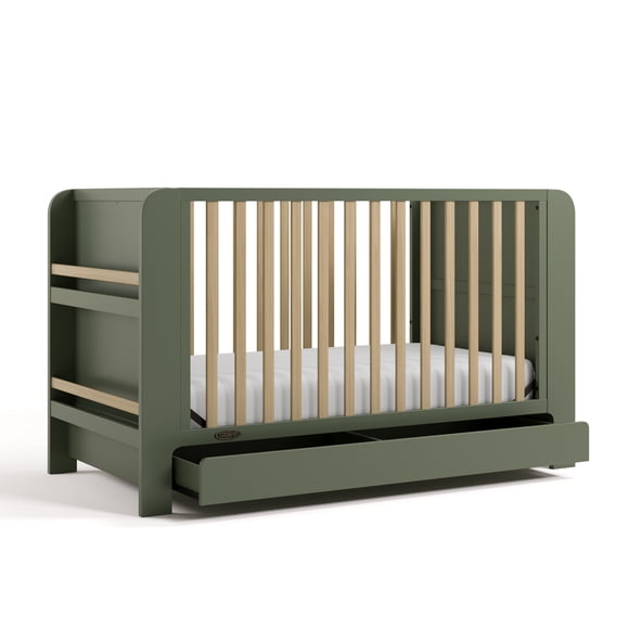 Graco Read-with-Me 4-in-1 Convertible Crib with Drawer and Removable Bookshelves, Olive with Driftwood