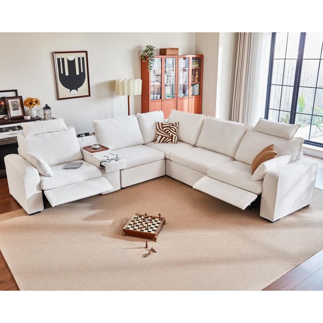 BEDEEP 134'' Power Recliner Sofa with Headrest Console, Moduar Cloud Sectional Chenille Reclining Couch with Charging Station, Convertible 5-Seater Sofa Couch for Living Room RV, White