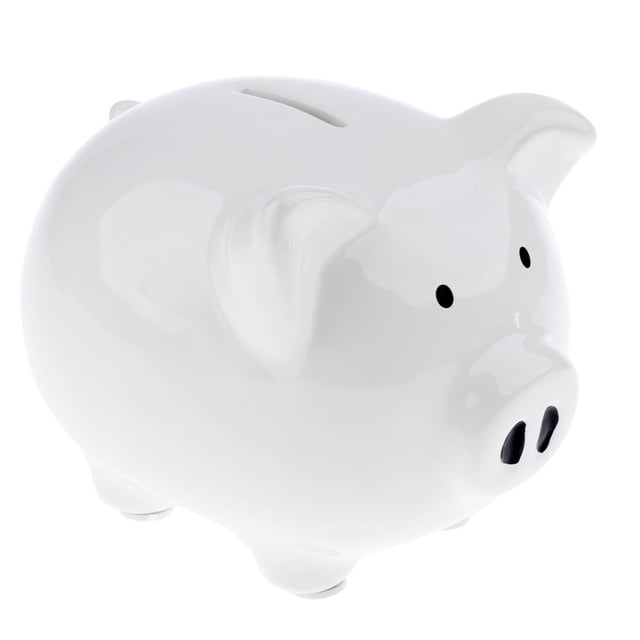 1pc Cartoon Ceramic Kids Piggy Bank with a glossy white finish, featuring a classic pig design with a coin slot on top. Dimensions are 15.2 x 12.3 x 11.4 cm (5.98 x 4.84 x 4.48 inches). Ideal for saving coins and cash, perfect for nursery decor or as a funny gift. Often referred to as a money box or savings bank.