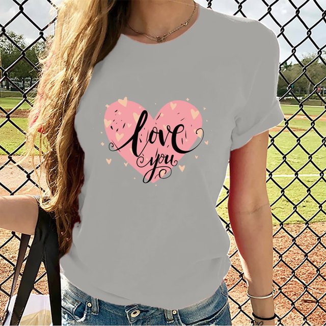 TIMIFIS T-Shirts pour Femmes de la Saint-Valentin Été Décontracté Manches Courtes Col Rond T-Shirts Mode T-Shirt Imprimé Cœur d'Amour