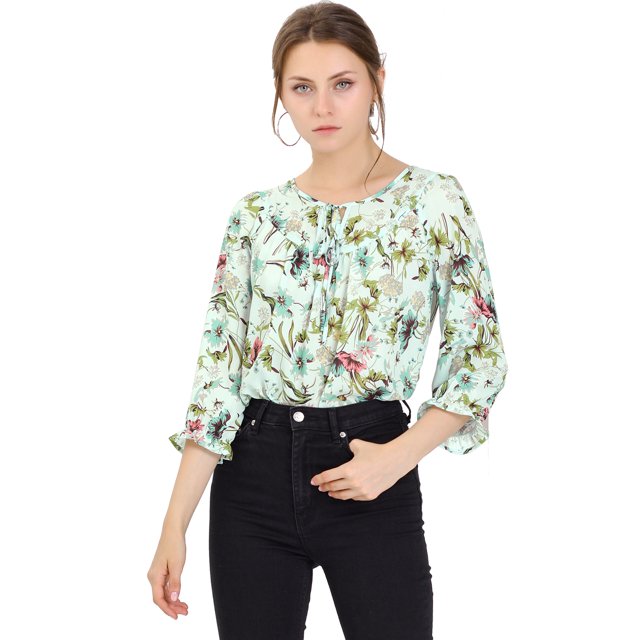 INSPIRE CHIC Women's Tie V Neck Boho Ruffled 3/4 Sleeve Floral Blouse