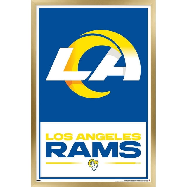 NFL Los Angeles Rams - Affiche Murale Logo 21, 22,375 Pouces x 34 Pouces Encadrée avec un Logo La Blanc et Jaune Centré sur un Fond Bleu au-Dessus du Texte Audacieux Jaune et Bleu « Los Angeles Rams » et un Petit Emblème de Tête de Bélier en Dessous, Ensemble dans un Cadre en Bois Clair, Parfait pour la Déco Murale dans les Chambres, Bureaux Ou Salles de Fans et Convient à la Décoration de Fêtes à Thème Sportif.