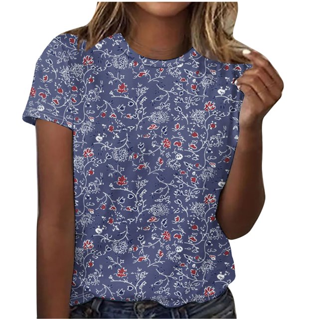 Scyoekwg Hauts pour Femmes Tendance Décontracté Col Rond T-Shirt Régulier Été Léger Imprimé Floral Graphique Tee Manches Courtes T-Shirts Confortables Blouses Amples Confortables (Marine,TTG)