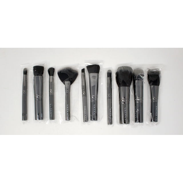 Vasanti Ensemble de 10 Pinceaux Stubby avec Étui de Transport Magnétique, Ensemble compact de Pinceaux de Maquillage avec Dix Pinceaux Élégants à Manche Gris avec Poils Noirs Doux, Arrangés dans des Manchons en Plastique Protecteurs. Parfait pour l'Application du Maquillage et la Portabilité.