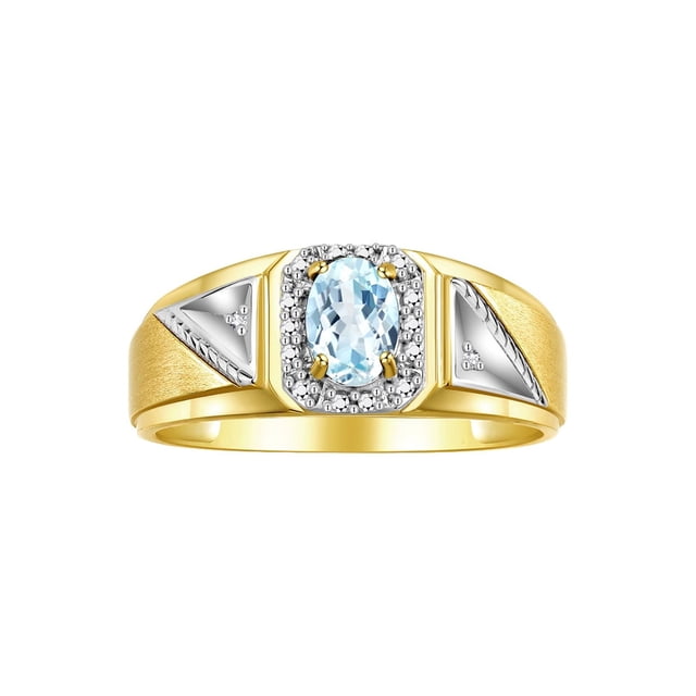 RYLOS Men's Rings 14K Yellow Gold Classic 7X5MM Oval Gemstone & Diamond Ring Aquamarine March Birthstone Rings For Men Size 10