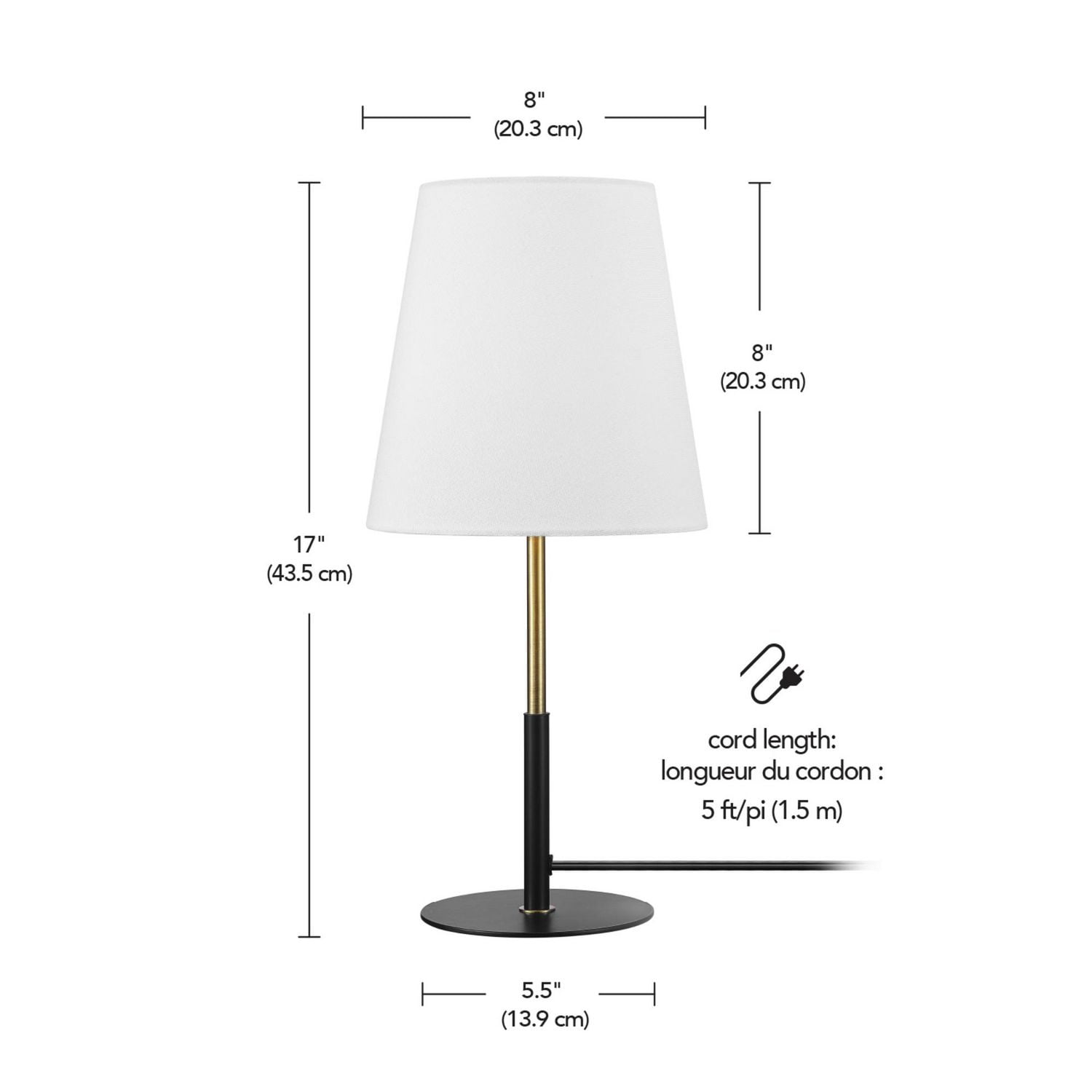 16" Matte Black Table Lamp with Brass Accents and White Linen Shade<br>