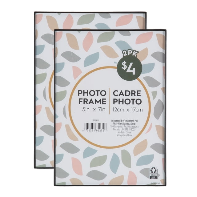Slimline Black Tabletop Picture Frame set of 2 with colorful leaf pattern packaging, each frame fits a 5x7 inch photo and includes easel and wall hangers for versatile photo display in home décor.