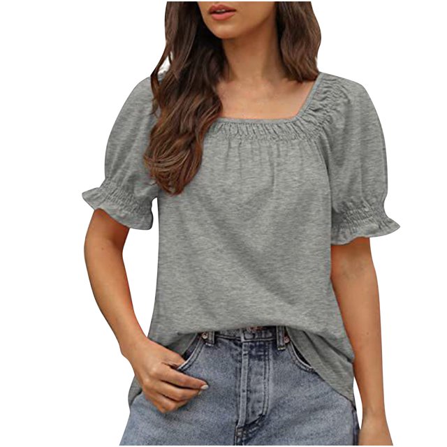 Womens Short Sleeve Blouses Womens Casual Solid Color Square Neck Short Sleeve Tops Blouses Women Short Sleeve Tops Women Short Sleeve Blouse Short Sleeve Tops for Women