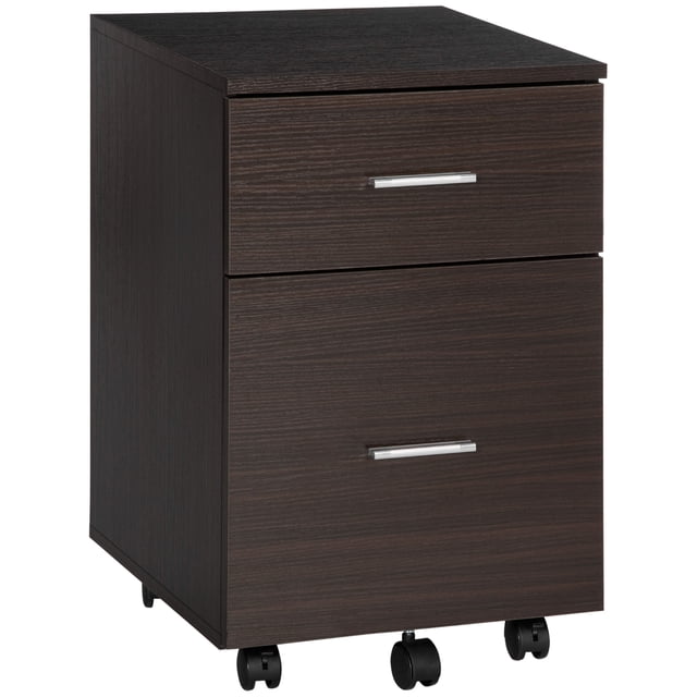 Vinsetto Mobile File Cabinet, 2-Drawer Filing Cabinet with Wheels, Brown. This compact filing cabinet features two drawers, including a large bottom drawer for hanging A4 files vertically or letter-sized files horizontally. Made of sturdy particleboard with aluminum alloy handles, it has a sleek brown finish. Equipped with five omnidirectional wheels, including two with brakes and one anti-tipping caster, it offers mobility and stability. Ideal for home offices or studies, it measures 15.6 inches wide, 15.4 inches deep, and 23 inches high.
