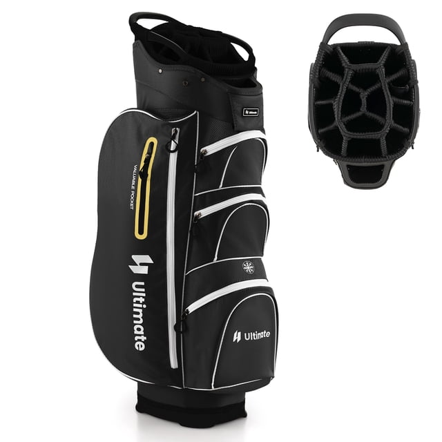 Costway Lightweight Golf Cart Bag with 15 Way Top Divider Individual Putter Well Cooler Bag in black. This golf cart bag features 15-way top dividers, 7 zippered pockets including a cooler bag and lined valuable pockets, waterproof zippers, and a rain hood for protection. Designed with carry handles, a shoulder strap, and cart-friendly loops for easy transport.
