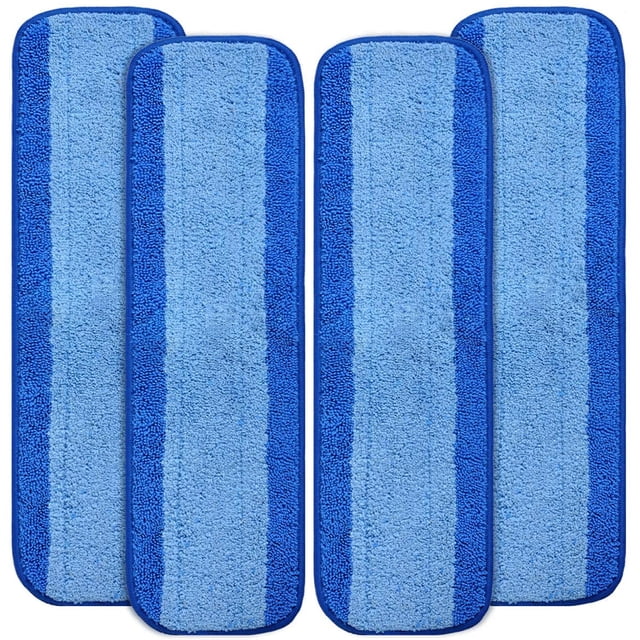 Microfiber Cleaning Pads Compatible With Bona Mop for Hardwood Floors, shown in a set of four. These washable and reusable replacement refills feature a dual-tone blue design with a textured microfiber surface, ideal for cleaning hardwood, tile, and stone floors. Compatible with Bona Multi-Surface Floor Premium Microfiber Mop and Bona Hardwood Floor Premium Spray Mop. Includes a laundry bag for machine washing.