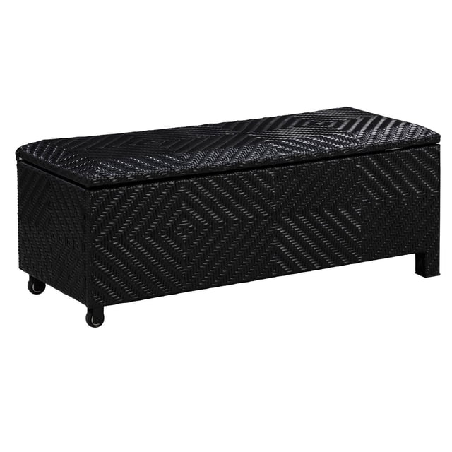 Patioflare Padded Wicker Deck Box-Bench Combo in black resin wicker with diamond weave pattern, rectangular shape with padded top for seating, four black casters for easy mobility, ideal for outdoor storage and patio seating.