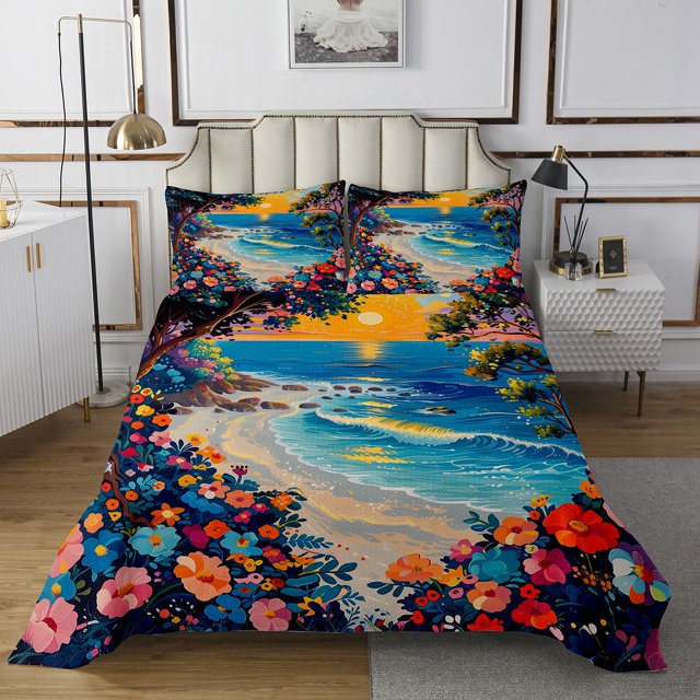 Erosebridal Cartoon Floral Coverlet Set King, Beach Ocean Bedding Set, Oil Printing Decor 3-Piece
