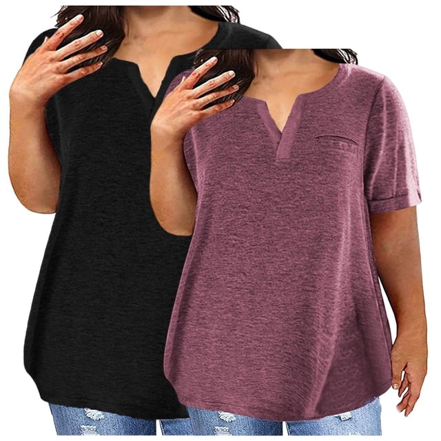 tarylea 2PC Womens Plus Size Short Sleeve Shirts Solid Color T Shirts Round Neck Plain Basic Tees