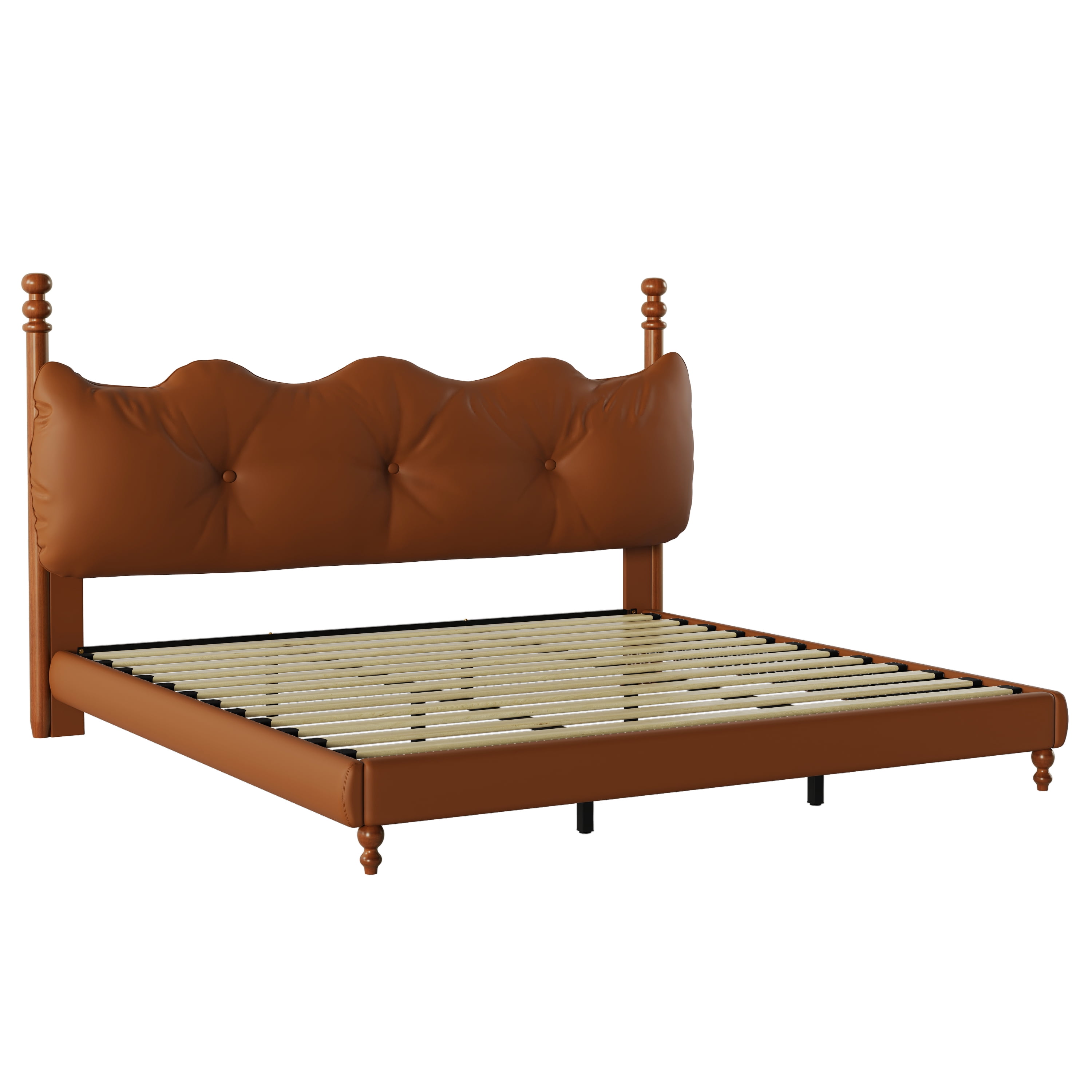 Noble House Lit Plateforme Grand Rembourré avec Tête de Lit, Cadre de Lit en Cuir PU avec Poteaux en Bois, Brun